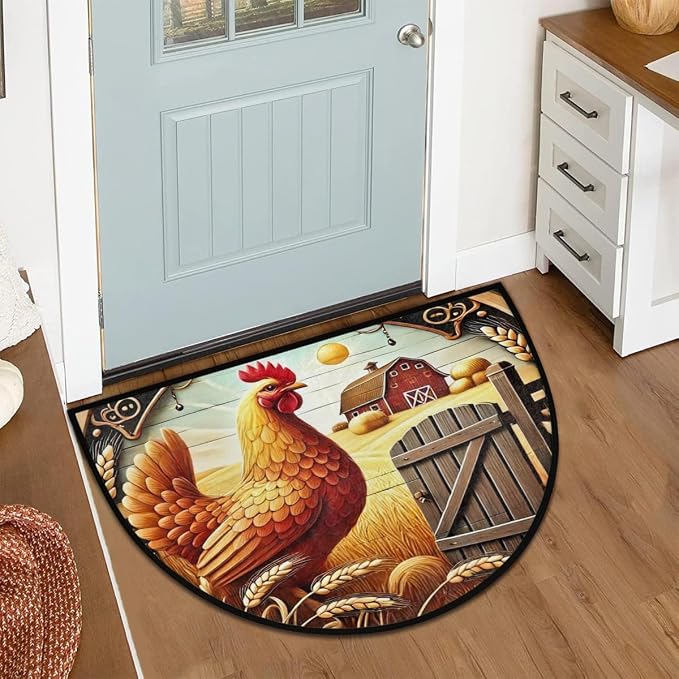Rooster Half Round Doormat Semi Circle Rug Half Moon Rug Entryway Mat | Rooster Farm Washable Non Slip Outdoor Floor Rug Kitchen Mat for Indoor Outdoor Bathroom Fireplace Bath Decor