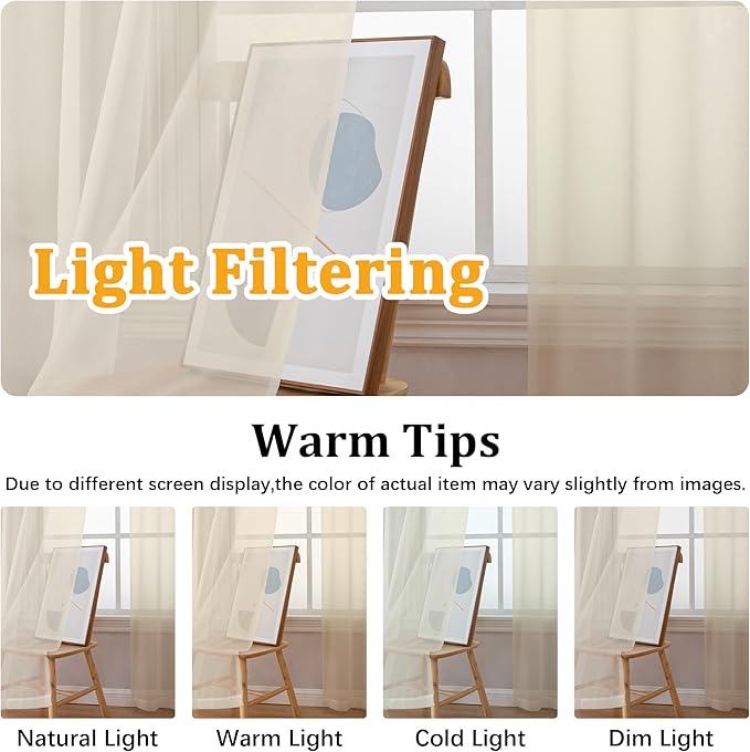 Gwine Cream Sheer Curtains for Living Room 45 inches Long, Short Voile Light - Image 5