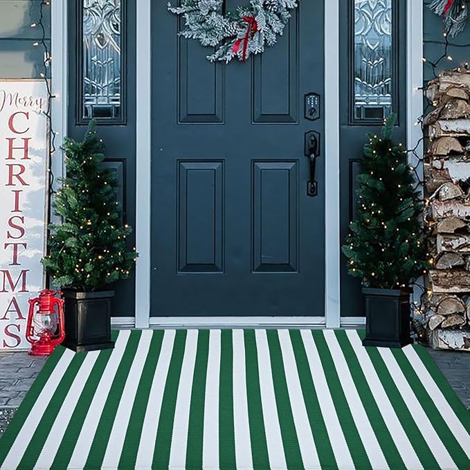 St. Patrick's Day Striped Outdoor Rug Green and White Spring Door Mat 3' x 5' Layered Welcome Mat for Farmhouse Spring Easter Front Porch Entryway Decor