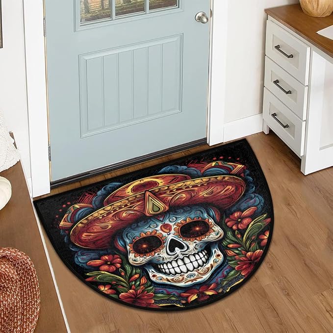 Skull Half Round Doormat Washable Semi Circle Rug Kitchen Outdoor Rugs | Sugar Skull Half Moon Rugs Non Slip Absorbent Entrance Floor Mat for Indoor Outdoor Bathroom Bedroom Fireplace Carpet Decor