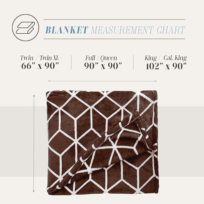 Elegant Comfort Luxury Velvety Feel Blanket, All-Season Lightweight Blanket, Ultra Plush, Soft, Cozy-Fuzzy Flannel Fleece for Couch, Sofa, Bed, Travel, Cube Design,King/California King,Chocolate Brown