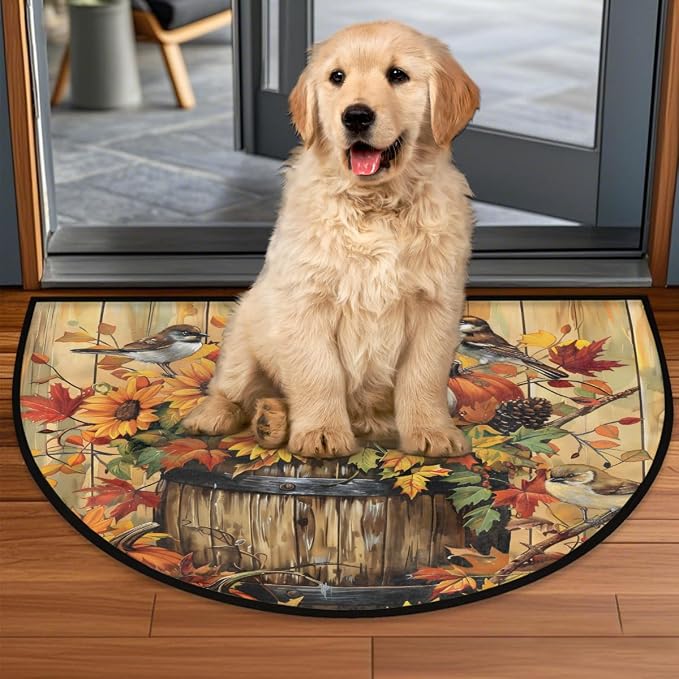 Fall Pumpkin Half Round Door Mat Semi Moon Rug Fireplace Carpet Area Rugs | Retro Fall Pumpkin Non Slip Absorbent Half Circle Mat Carpet for Indoor Outdoor Patio Kitchen Bathroom Entryway Home Decor