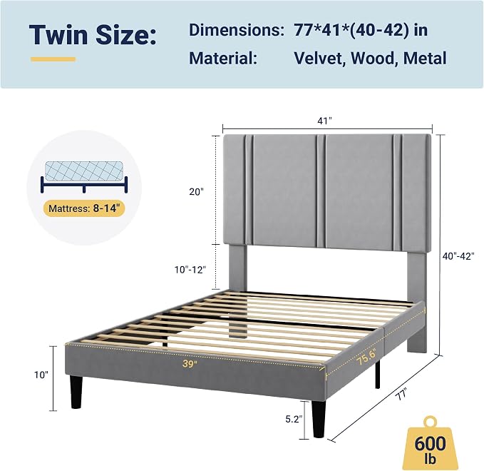 Allewie Twin Size Platform Bed Frame with Adjustable Headboard | Plush Velvet Upholstered, Vertical Channel Tufted, Sturdy Wood Slats, No Box Spring Needed, Easy Assembly, Grey