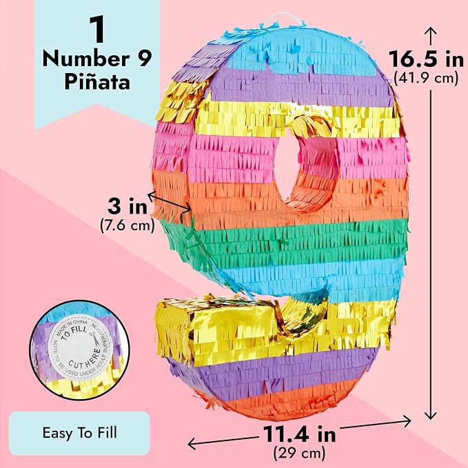 BLUE PANDA Rainbow Number 9 Pinata - 16.5 x 11.4 x 3 in, Multi-Color for 9th Birthday, Fiesta Party Supplies, Party Favors & Rainbow Birthday Decor