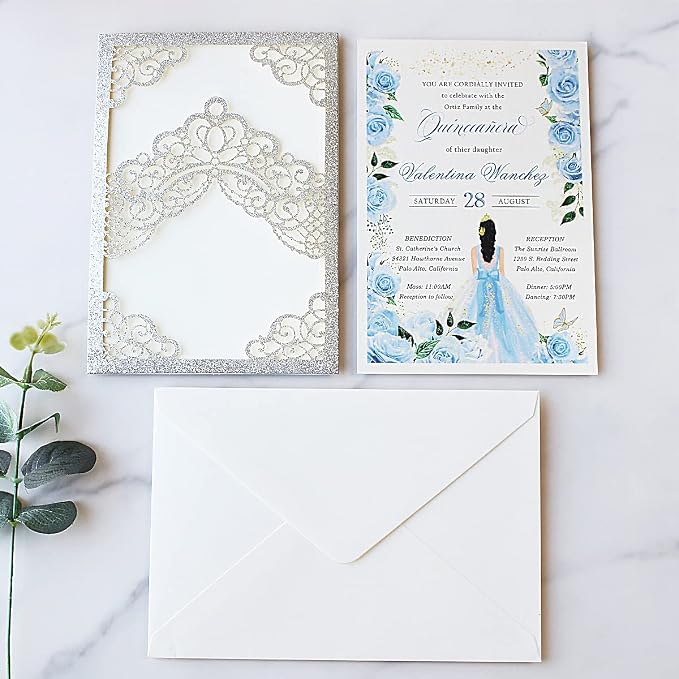 Hosmsua 50PCS 5.1x7.3 Inch Silver Glitter Quinceanera Invitations Cards Laser Cut Floral Crown Pocket Invitation with Envelopes for Birthday Bridal Shower