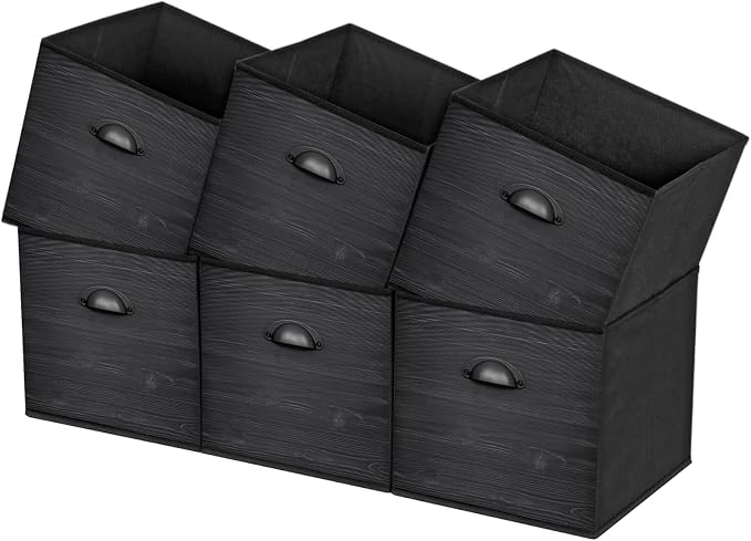 homyfort Cube Storage Organizer Bins, 11x11 Inch Bins Baskets Box for Cube Storage, Made from Natural Bamboo and Sturdy 210D Oxford Fabric, Set of 6, Beige | Foldable cloth bins with printed black wood look design. Collapsible for easy storage. Ideal f...