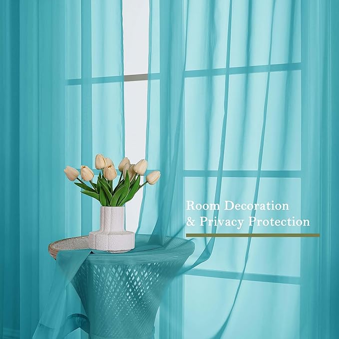 Lecloud Turquoise Sheer Curtains 108 Inches Long 2 Pcs, Rustic Farmhouse Dual Rod Pocket Window Curtains for Living Room, Bedroom Decor Light Filtering Soft Airy Drapes, Each Panel 59" W x 108" L