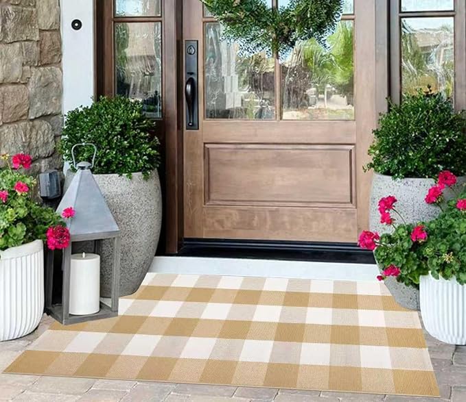 2'X4.3'Outdoor Rug Khaki and White Checkered Front Porch Rug Cotton Woven Washable Layered Doormat for Entryway Dining Room Bedroom Living Room
