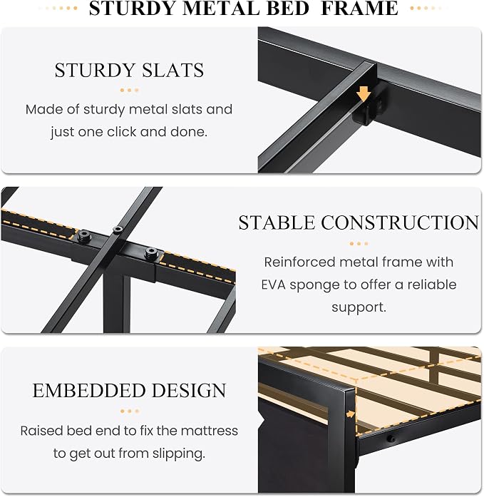 SHA CERLIN Heavy Duty Full Size Bed Frame with Modern Headboard, Black | Platform Metal Base with Square Footboard and 13 Strong Slats Support, No Box Spring Needed