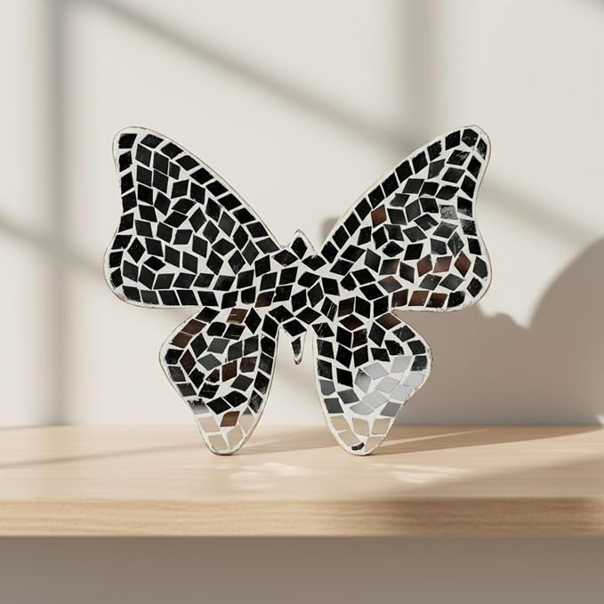 Decorative Sculpture Table Top – Glass Mosaic Butterfly Overmantel Modern Coffee Table Decor - Mango Wood Accent Piece for Coffee Tables, Shelves & Living Rooms – Elegant Home Decor – 5", White