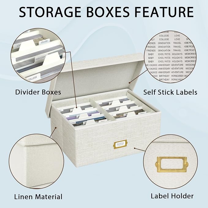 Decorative Photo Storage Box, Linen Photo Box Holds 1700 5x7 Pictures Beige | Photo Storage Containers with 8 Dividers, Memory Keepsake Organizer for Photos, Scrapbook Supplies, Cards, Stamps,Archive Box