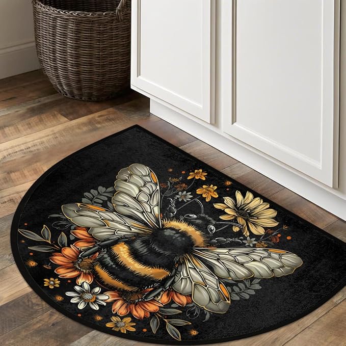 Black Bee Half Round Door Mat Non-Slip Semi Circle Rug Half Moon Doormat | Black Bee Animal Soft Washable Welcome Entrance Mat for Outdoor Indoor Floor Bedroom Bathroom Home Kitchen Festival Decor