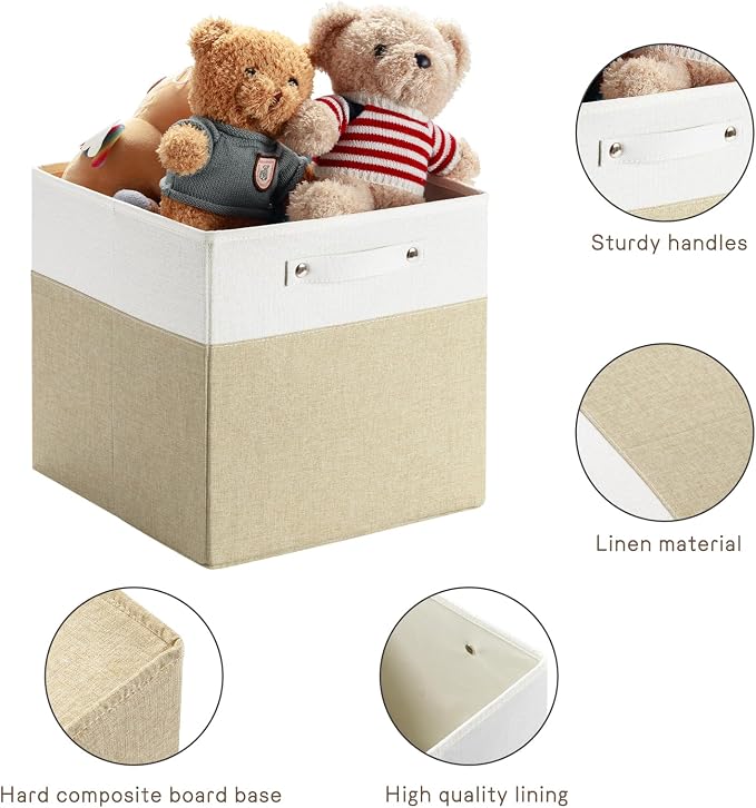 FinishingBo 13x13x13 Storage Cube Bins 4 Pack, Cube Shelf Baskets | Foldable Storage Cubes, Linen Storage Bins with Handles, Closet Organizers, White/Khaki