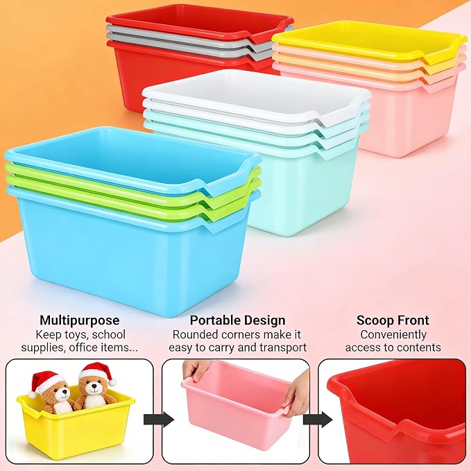 WUWEOT 16 Pack Cubby Bins Classroom Toys Bins, Plastic Books Storage Bins, Easy-to-Grip Stackable Crafts Organizer for Classroom, Nursery, Playrooms And Home Organization