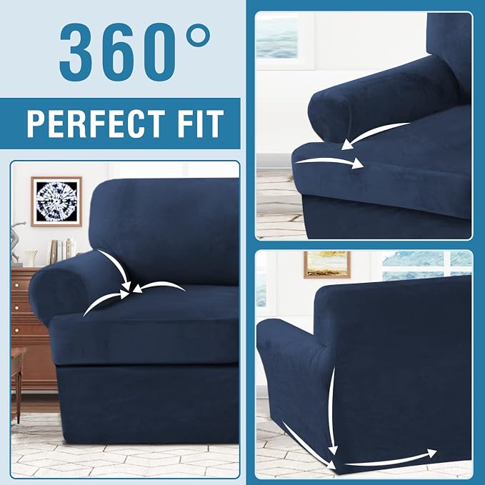 H.VERSAILTEX Sofa Cover 2 Piece T Cushion Armchair Slipcovers Thick Velvet Couch Cover Furniture Protector Stretch T Cushion Sofa Covers for 1 Cushion Couch with 1 Individual T Cushion Covers, Navy