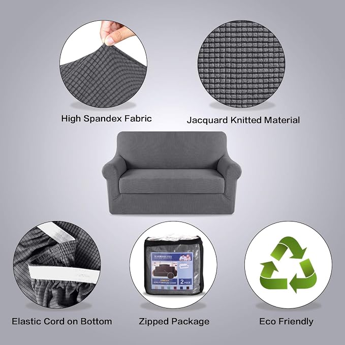 H.VERSAILTEX High Stretch Rich Jacquard 2-Piece Loveseat Slipcover/Furniture Covers for Loveseat with Elastic Bottom, Suit for T Cushion/Box Cushion Spandex Jacquard Fabric, Charcoal Gray
