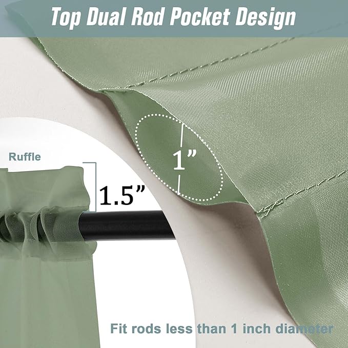 Sage Green Window Sheer Curtains 45 Inches Length, Voile Short Curtains for Living Room Bedroom, Modern Soft Window Drapes 2 Panels Set, Top Dual Rod Pocket Design, 2x42Wx45L Inches