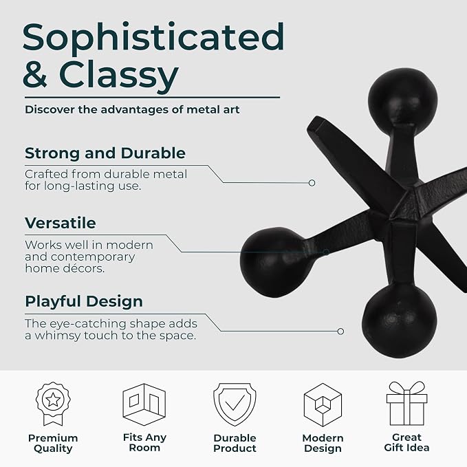 Black Metal Jacks Decorative Object – Abstract Sculpture Modern Home Decor Ornament – Shelf Styling & Coffee Table Decor for Bathroom, Office & Living Room – 7" x 5"