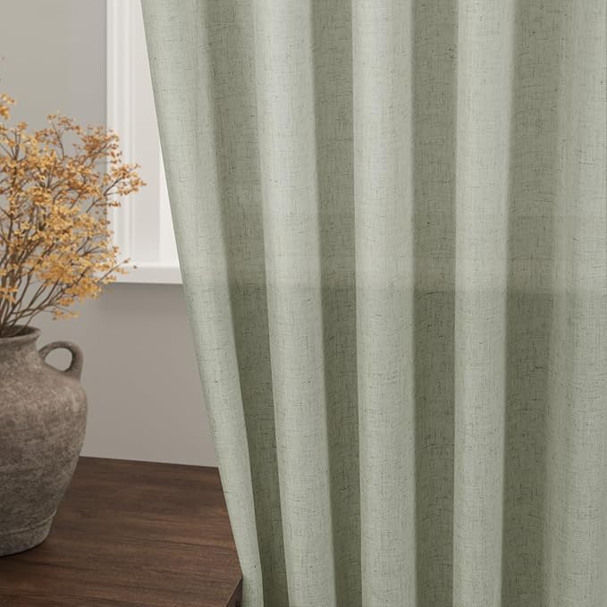 Sage Curtains 94 inches Long 2 panels for Living Room Back Tab Rod Pocket Semi Sheer Linen Draperies Muted Neutral Sage Green Room Decor Earth Tone Pale Green Curtain for Diningroom Bedroom Office
