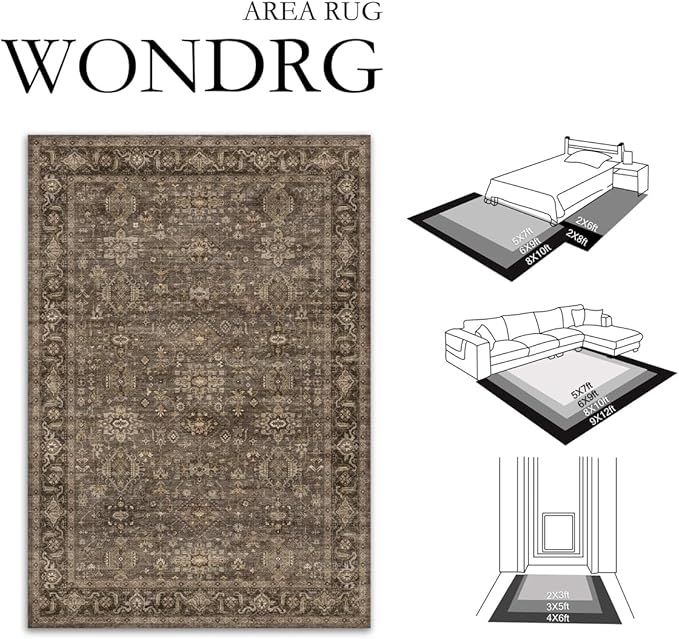 2x6 Washable Runner Rug for Hallway Kitchen Vintage Brown Non Slip Low Pile Carpet Traditional Retro Soft Throw Rug for Bathroom Bedroom Entryway Indoor Entrance