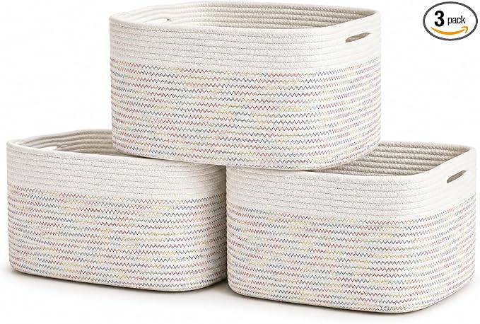 OrganiHaus Rainbow Baskets for Shelves, Set of 3, 15x9x10 | Colorful, handwoven cotton rope; a toy bin for playroom, classroom, or girls' room decor; great for nursery too