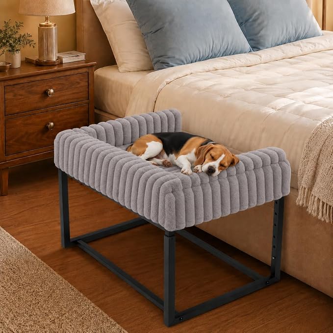 Beside Dog Bed, Adjustable Height Dog Bunk Beds, 27.5''x 18''Metal Dogs Bed Frame with Washable Removable Corduroy Cover, Memory Foam Pet Bed with Sides, for Small Dogs & Cats
