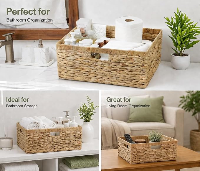 Jumbo Wicker Basket, Rectangular Wicker Baskets for Storage, Water Hyacinth Extra Large Storage Baskets, Shelf Basket with Built-in Handles-1 Pack