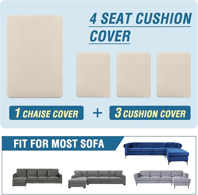 H.VERSAILTEX Sectional Couch Covers 4 Pieces Sofa Seat Cushion Covers L Shape Separate Cushion Couch Chaise Cover for Both Left/Right Sectional Couch (Seat Only: 1 Chaise + 3 Sofa, Natural)