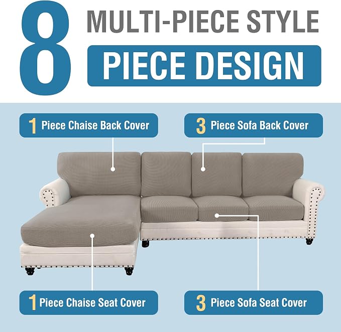 H.VERSAILTEX Sectional Couch Covers 8 Pieces Stretch Sofa Covers for Sectional Sofa Set Separate L Shaped Couch Cover for Both Left/Right Couch (Seat and Back: 1 Chaise + 3 Sofa, Taupe)