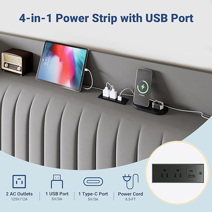 Allewie Full Size Platform Bed Frame with USB Charging Station and Storage Shelf/Upholstered Velvet Wingback Headboard/Wooden Slats Support/No Box Spring Needed/Easy Assembly, Grey