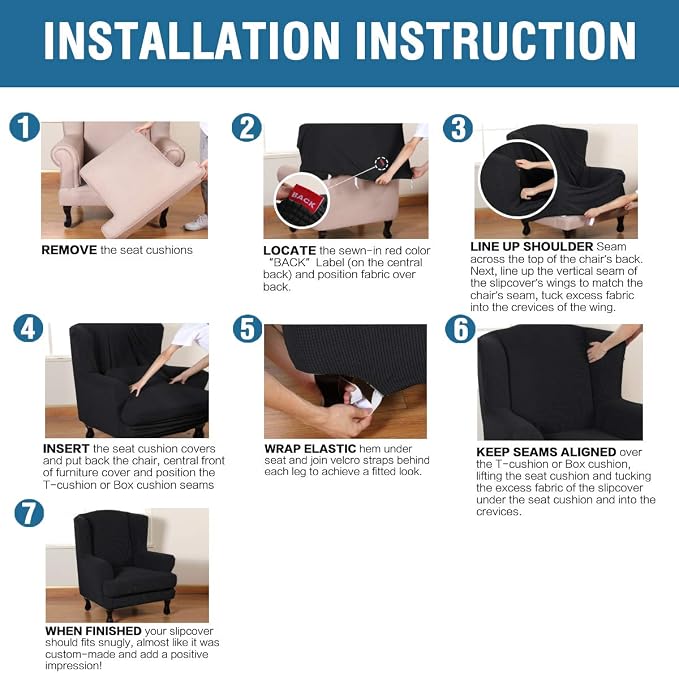 H.VERSAILTEX 2 Piece Stretch Jacquard Wingback Chair Covers Slipcovers Wing Chair Covers (Base Cover Plus Seat Cushion Cover) Furniture Covers for Wingback Chairs, Form Fitted Thick Soft, Black