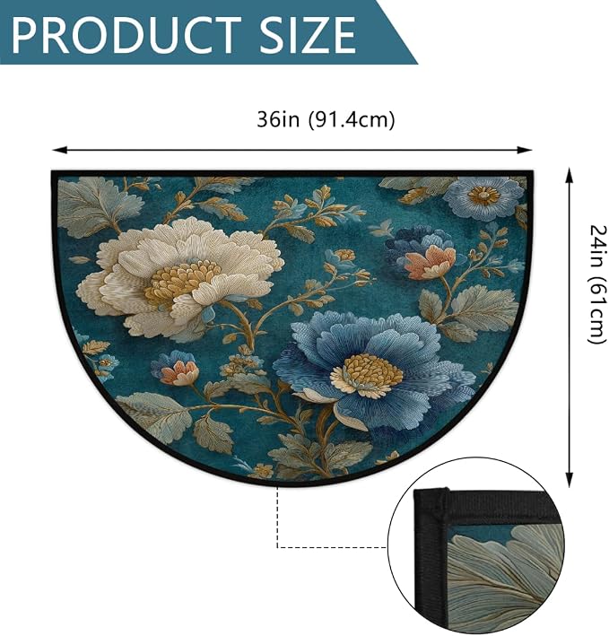 Flower Half Round Door Mat Semi Circle Rug Half Moon Doormat | Soft Washable Teal Blue Welcome Entrance Mat for Outdoor Indoor Floor Bedroom Bathroom Home Kitchen Festival Decor