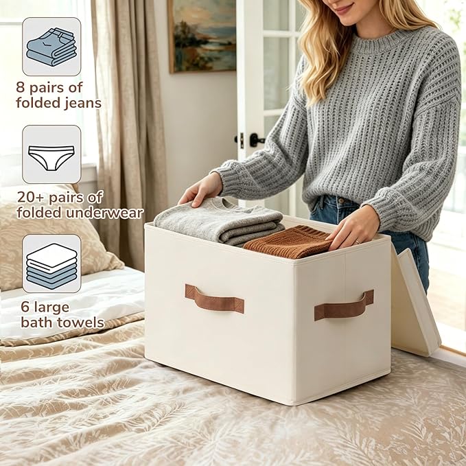 CHICVITA 4-Pack Medium Fabric Storage Baskets with Lids for Shelves,Ivory | 15" x 9.8" x 10.2" Closet Storage Bins with Durable Support Plate, Toy Storage with Handles for Playroom