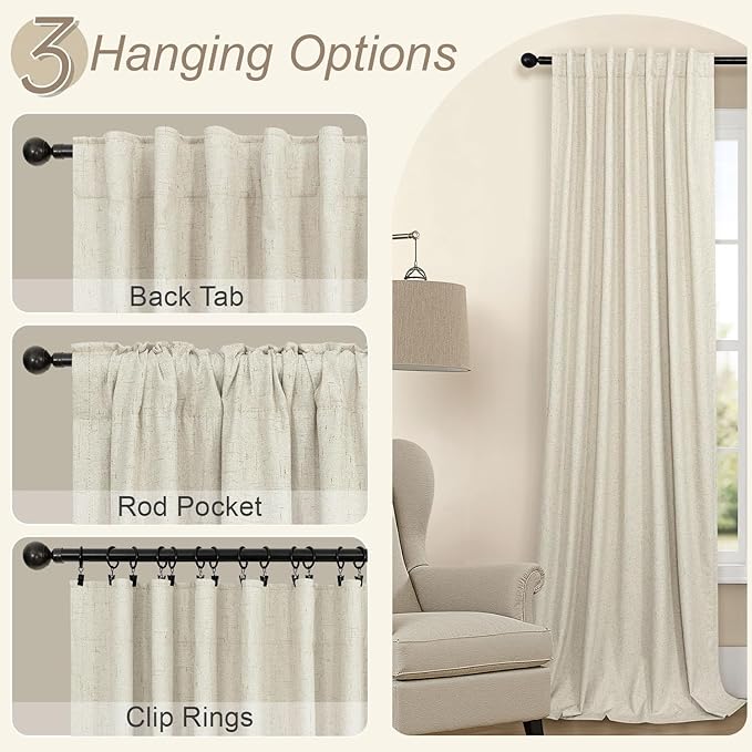 Linen Drapes for Living Room Darkening 100% Blackout Curtains 86 Inch Length 2 Panels Textured Black Out Thermal Insulated Rustic Farmhouse Country Window Curtain for Bedroom Back Tab 86 Long Beige