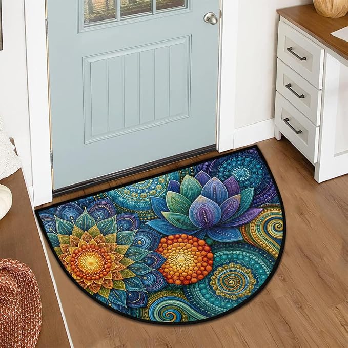 Flower Half Round Door Mat Semi Moon Rug Fireplace Carpet Area Rugs | Colorful Ornate Non Slip Absorbent Half Circle Mat Carpet for Indoor Outdoor Patio Kitchen Bathroom Entryway Home Decor