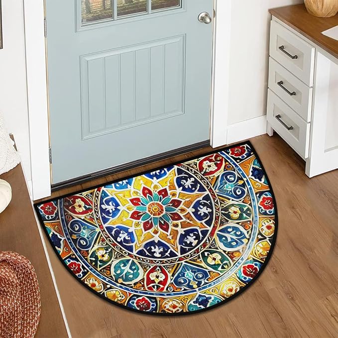 Art Mandala Half Round Door Mat Non Slip Half Circle Rugs | Ethnic Colorful Washable Half Moon Rug Semi Circle Rugs Indoor Entrance Floor Carpet for Kithen Bedroom Fireplace Decor