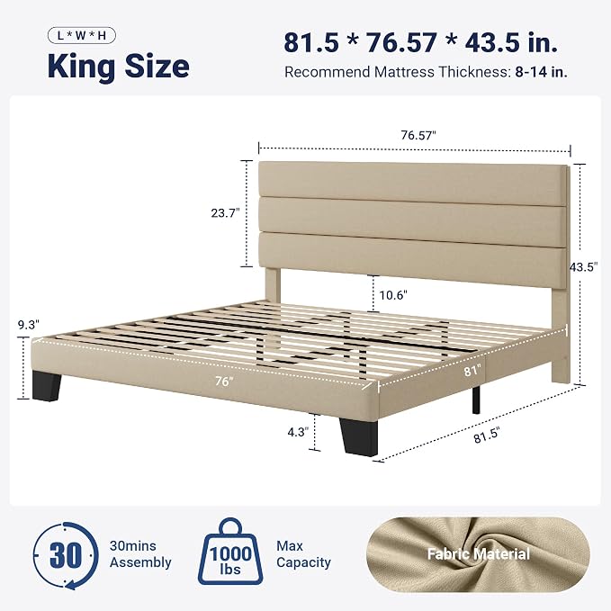 Allewie King Size Platform Bed Frame with Fabric Upholstered Headboard and Wooden Slats Support, Fully Upholstered Mattress Foundation/No Box Spring Needed/Easy Assembly, Beige