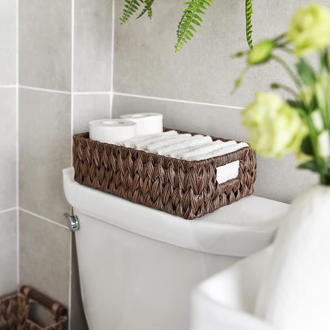 GRANNY SAYS Wicker Baskets with Handles,Small Woven Basket for Storage, Waterproof Storage Basket Organizer,Decorative Storage Boxes for Organing Pantry,Brown Basket,2-Pack,11 1/4''L x 7 1/2''W x 3 1/2''H