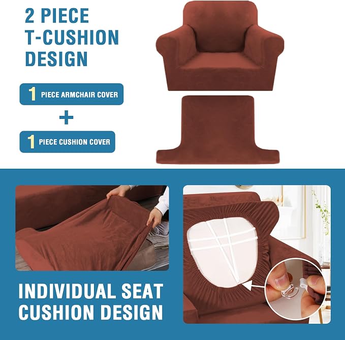 H.VERSAILTEX Sofa Cover 2 Piece T Cushion Armchair Slipcovers Thick Velvet Couch Cover Stretch T Cushion Sofa Covers for 1 Cushion Couch with 1 Individual T Cushion Covers Washable, Rust
