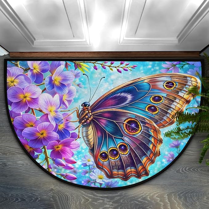 Colorful Butterfly Purple Flower Half Round Mat Half Moon Door Rug Washable Durable Semi Circle Carpet Floor mats for Indoor Outdoor Bathroom Kitchen Patio Hearth Rug Laundry Room Home Decoration