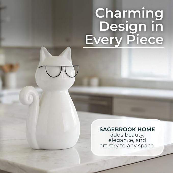 7" Cat with Glasses Sculpture - Contemporary Porcelain White and Black Cat Statue for Home or Office Decor - Cat Lover Gift Idea - Decorative Home Decor Accent