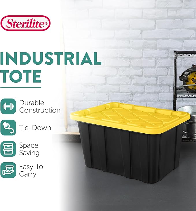 Sterilite Industrial Storage Tote with Lids for Garage, 27 Gallon, 16-Pack | Heavy-Duty and Stackable Utility Box Containers for Home, Office, and Basement Organization, Black/Yellow