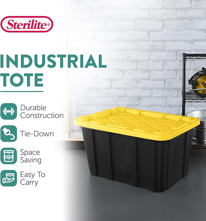 Sterilite Industrial Storage Tote with Lids for Garage, 27 Gallon, 12-Pack | Heavy-Duty and Stackable Utility Box Containers for Home, Office, and Basement Organization, Black/Yellow