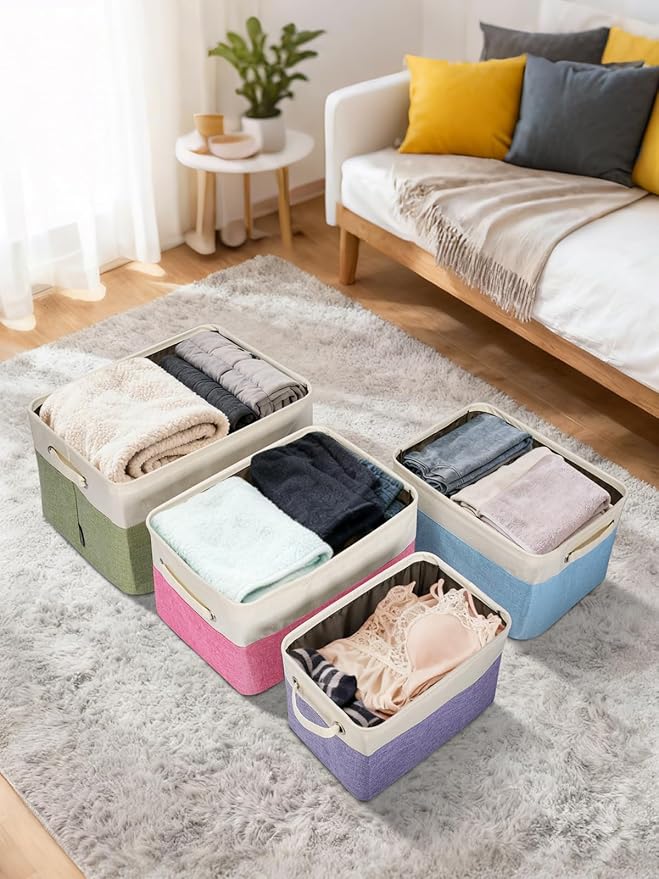 BALEINE 4 Pack Fabric Closet Storage Bins for Shelves, Linen Closet Organizers and Storage, Decorative Baskets for Organizing, Shelf, Clothes, Home, Office (Grey, 14''x10''x8.5'')