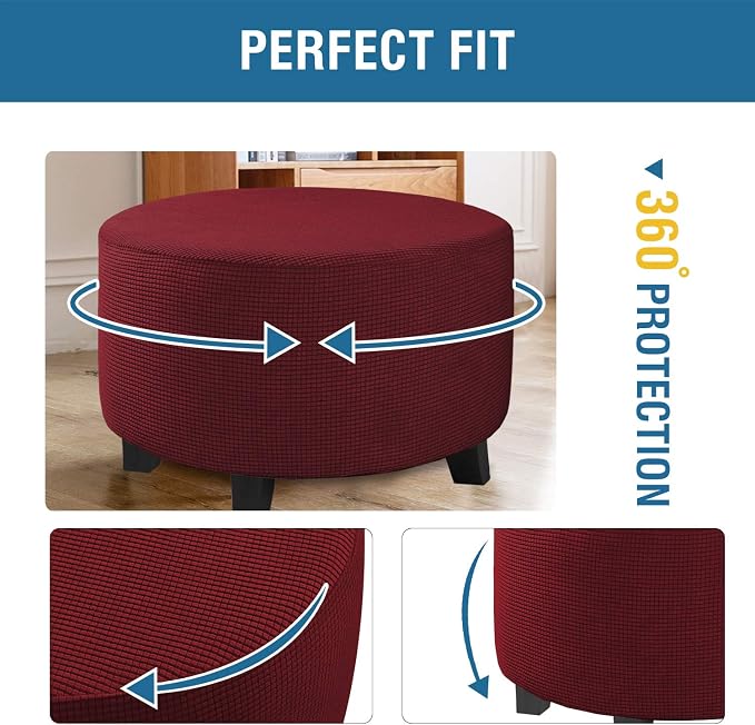 H.VERSAILTEX Ottoman Cover Stretch Ottoman Slipcover Round Ottoman Storage Cover Folding Stool Covers Furniture Protector Cover for Footrest Ottoman Fit Dia 30" - 41", Burgundy Red