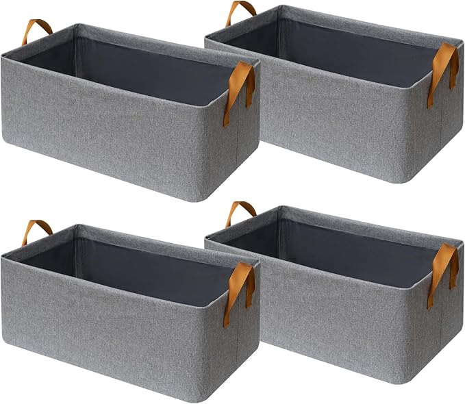 4 Pack Closet Cloth Storage Bins with Handles （ Gray 15''L x 10''W x 8''H）