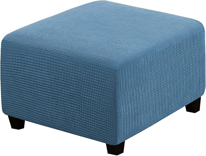 H.VERSAILTEX Square Ottoman Covers Ottoman Slipcovers Folding Storage Stool Furniture Protector Form Fit with Elastic Bottom, Stretch High Spandex Small Checks Jacquard Fabric(Medium,Dusty Blue)
