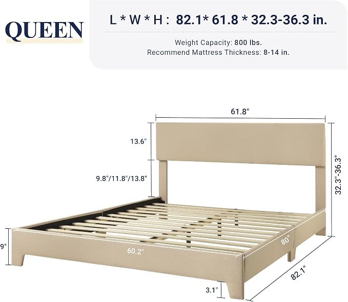 Allewie Queen Size Upholstered Bed Frame Adjustable Headboard, Beige | Platform Bed with Heavy Duty Mattress Foundation, Noise-Free, Easy Assembly, Wood Slat Support, No Box Spring Needed