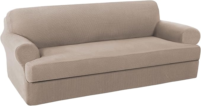 2 Piece Stretch Sofa Covers Couch Covers for Living Room Furniture Slipcovers (Base Cover Plus Seat Cushion Cover) Feature Upgraded Thicker Jacquard Fabric Removable Washable (Sofa, Sand)
