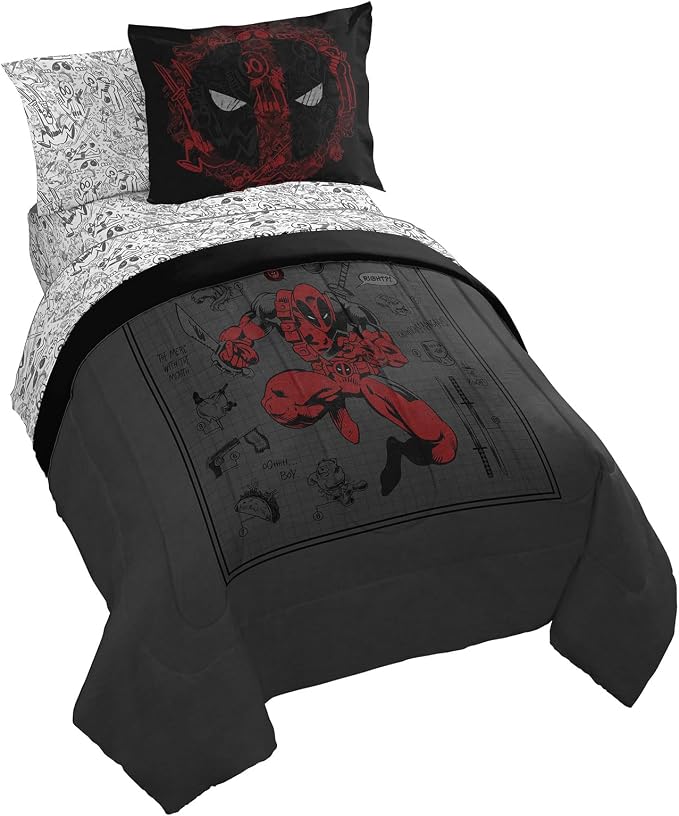 Marvel Deadpool Twin Comforter Set 5 Piece Soft Bedding for Boys, Gray | Bed in a Bag, Comforter Sheets Sham Pillowcase, Official Product, Soft Microfiber, Machine Washable, Boys Gift